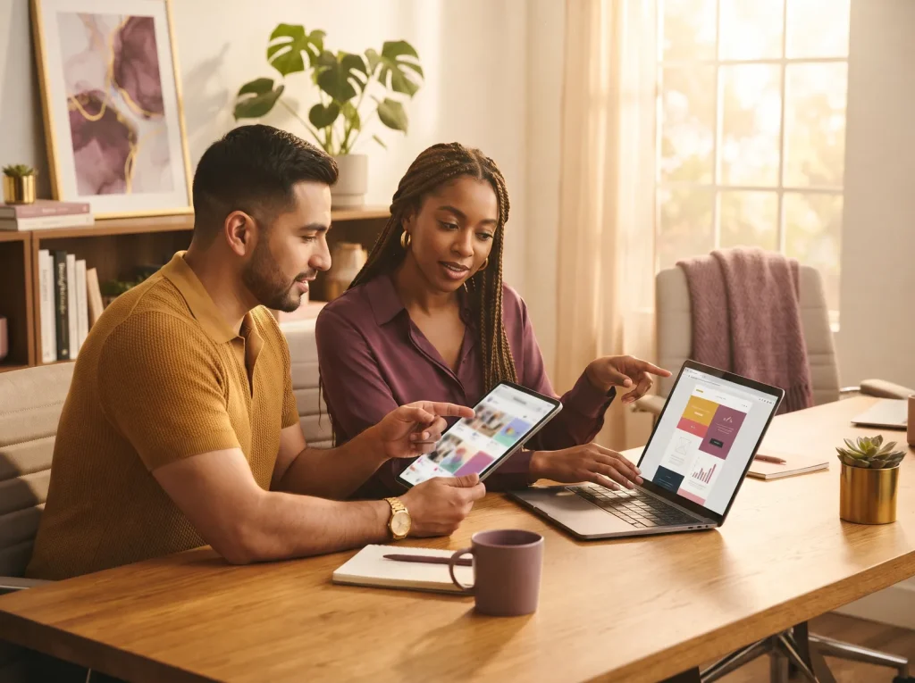 A coach and a marketing strategist reviewing social posts together