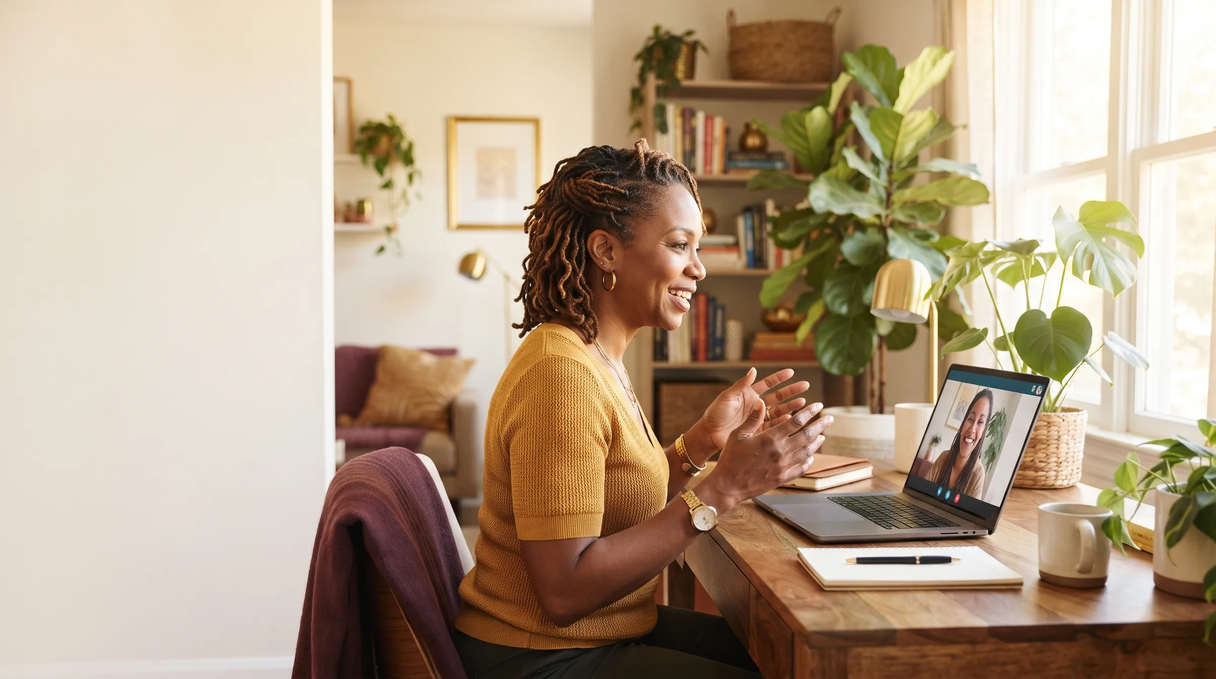 A coach leading a video session from her home office