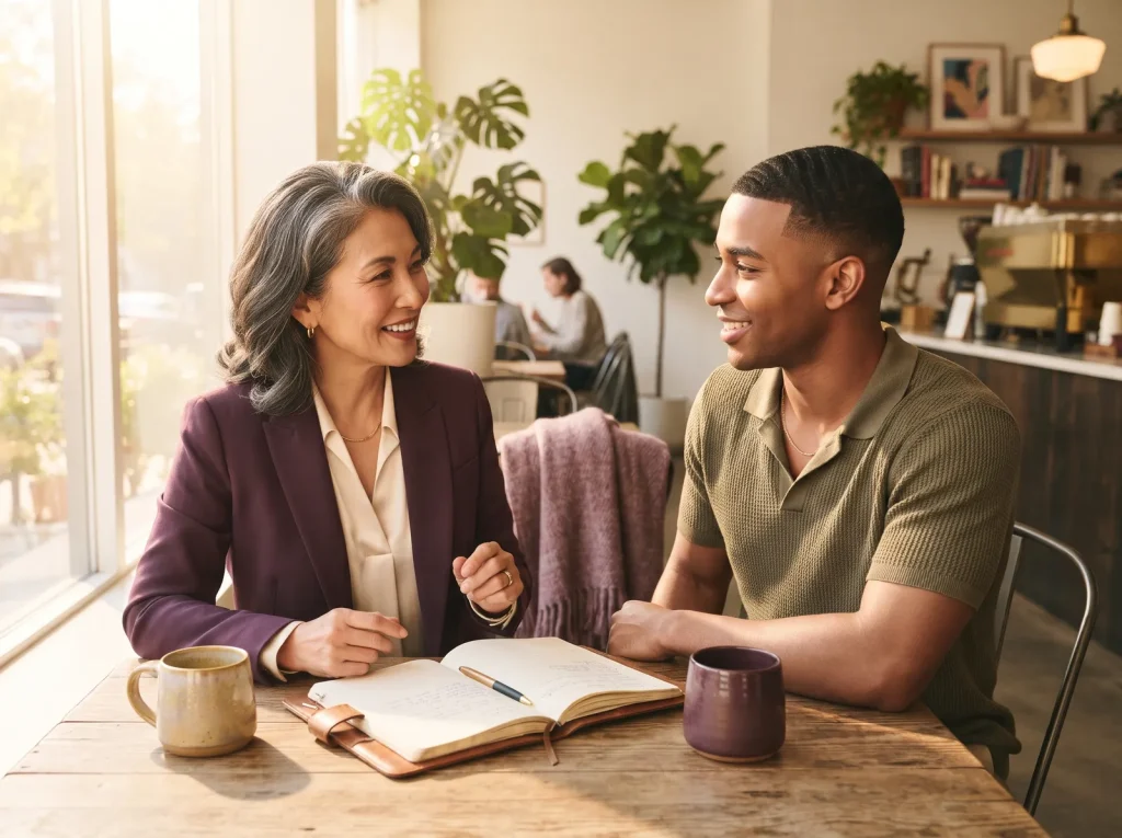 A coach meeting one-on-one with a client in a cafe